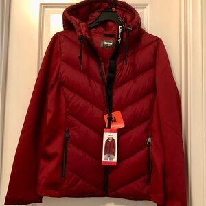 DKNY Womens Mixed Media Hooded Puffer Jacket
